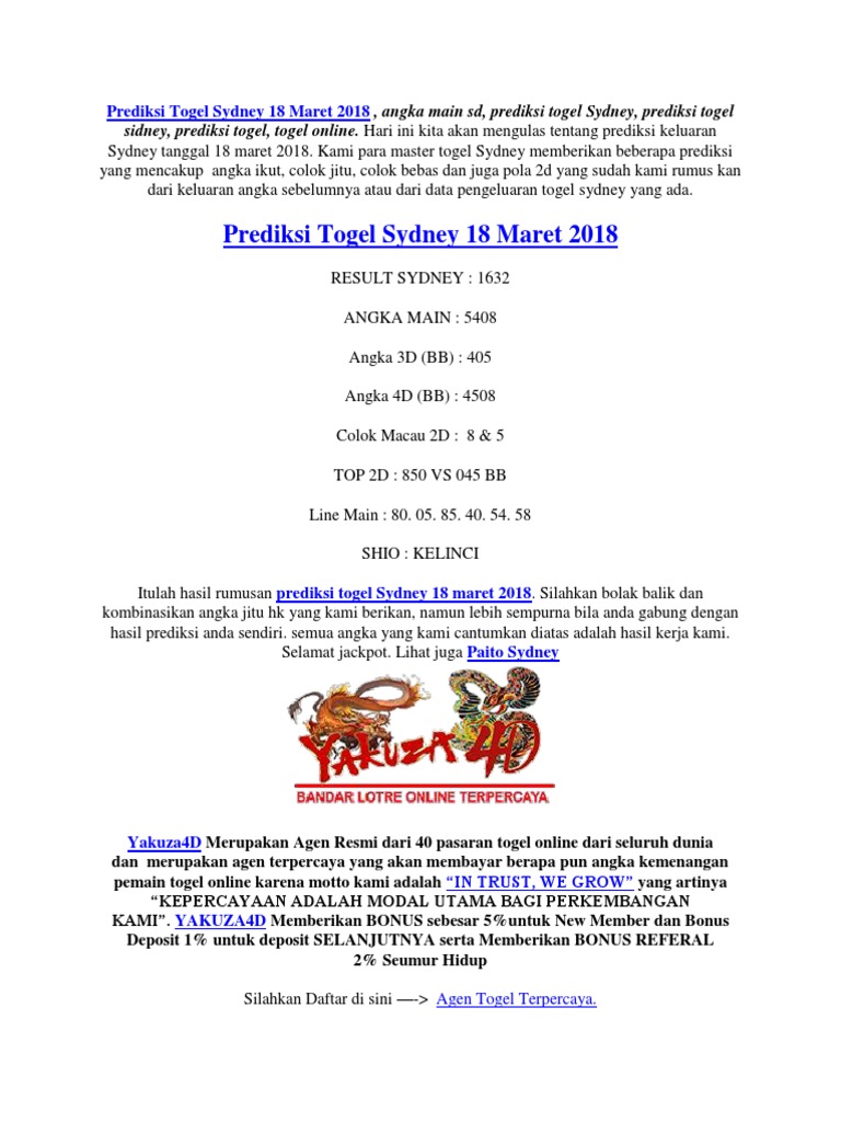 Prediksi Togel Sydney 18 Maret 2018