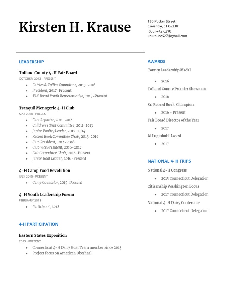 4 h Resume 1 PDF Learning Programs Child Related Organizations