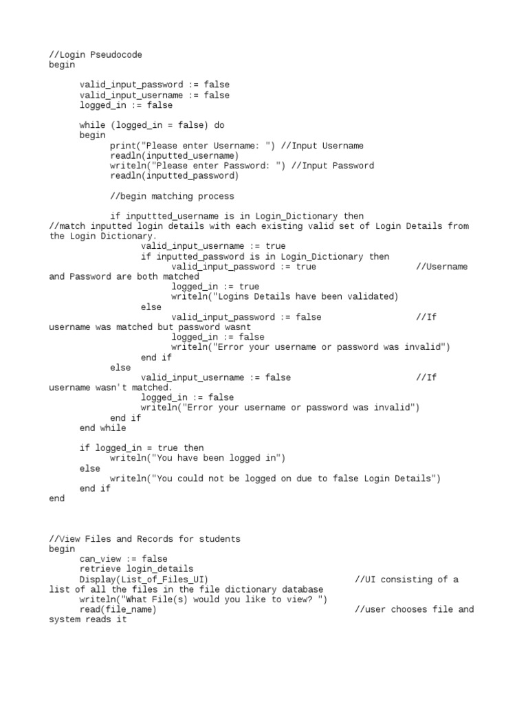 Pseudo Code | Login | Password
