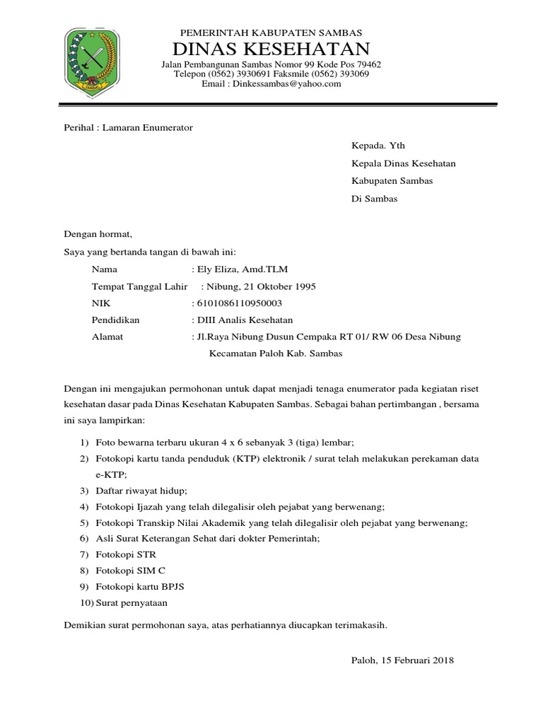 Contoh Surat Lamaran Kerja Di Dinas Kesehatan