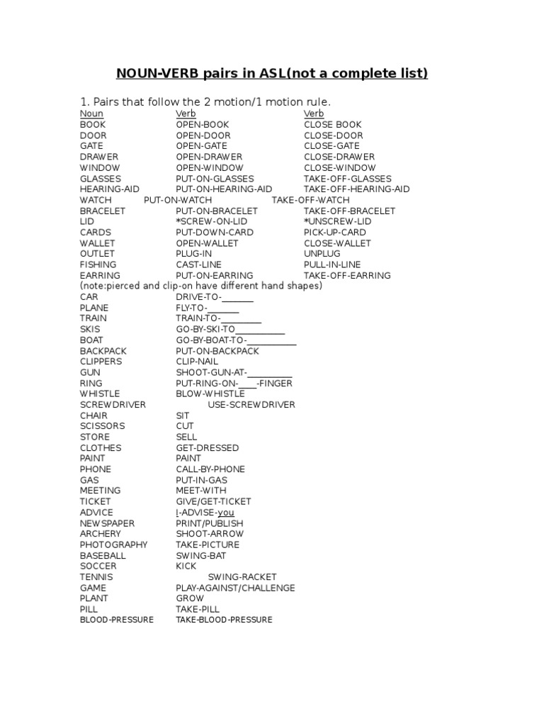 Noun verb pairs in asl not a complete list 1 pairs that follow the