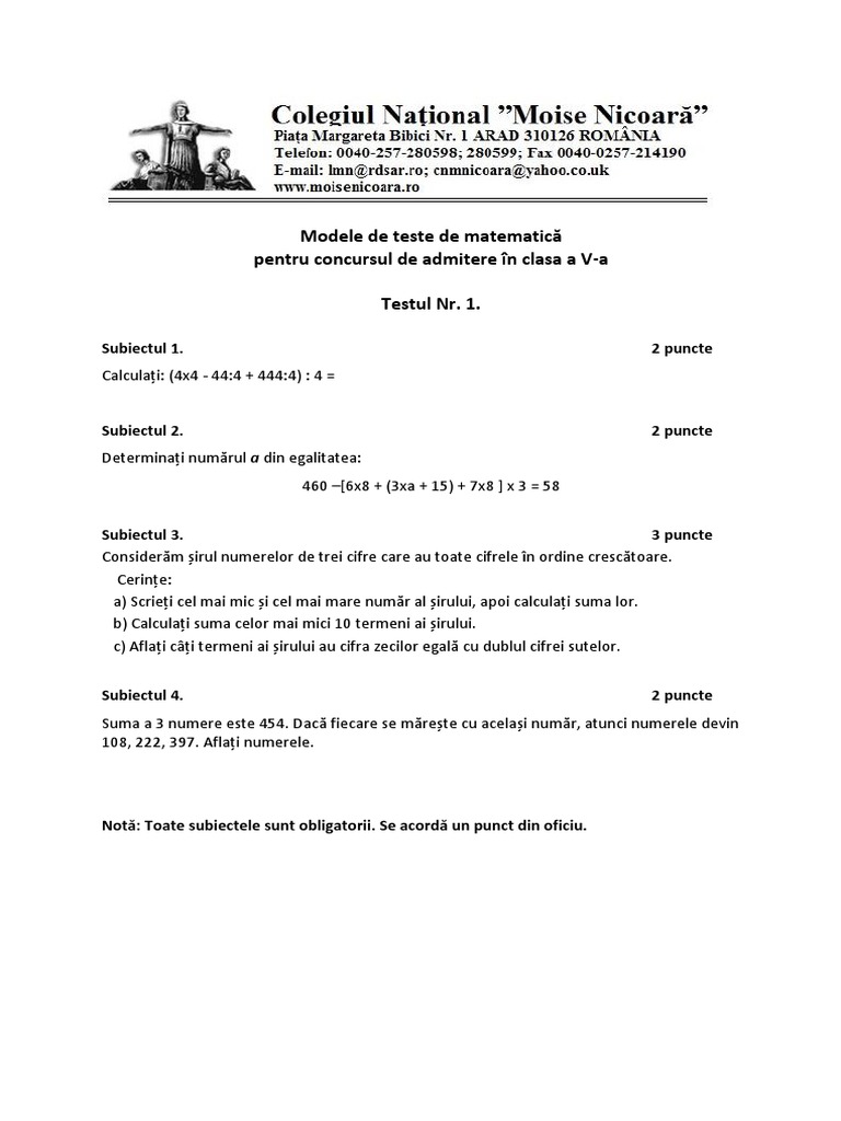 Modele de Teste de Matematica PDF | PDF