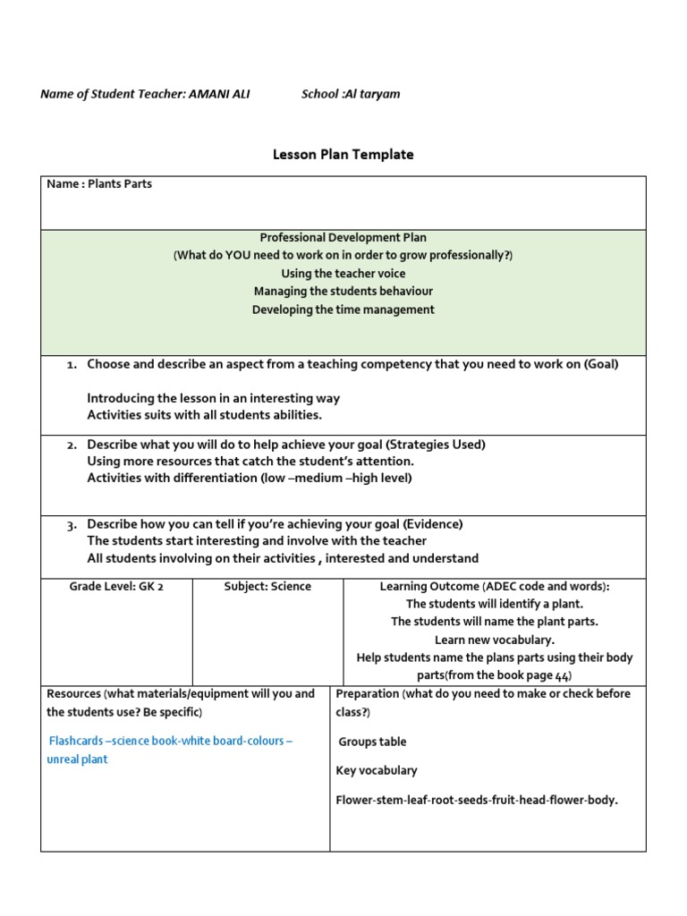 Parts of Plants Lesson Plan for GK 2 | PDF | Lesson Plan | Teachers