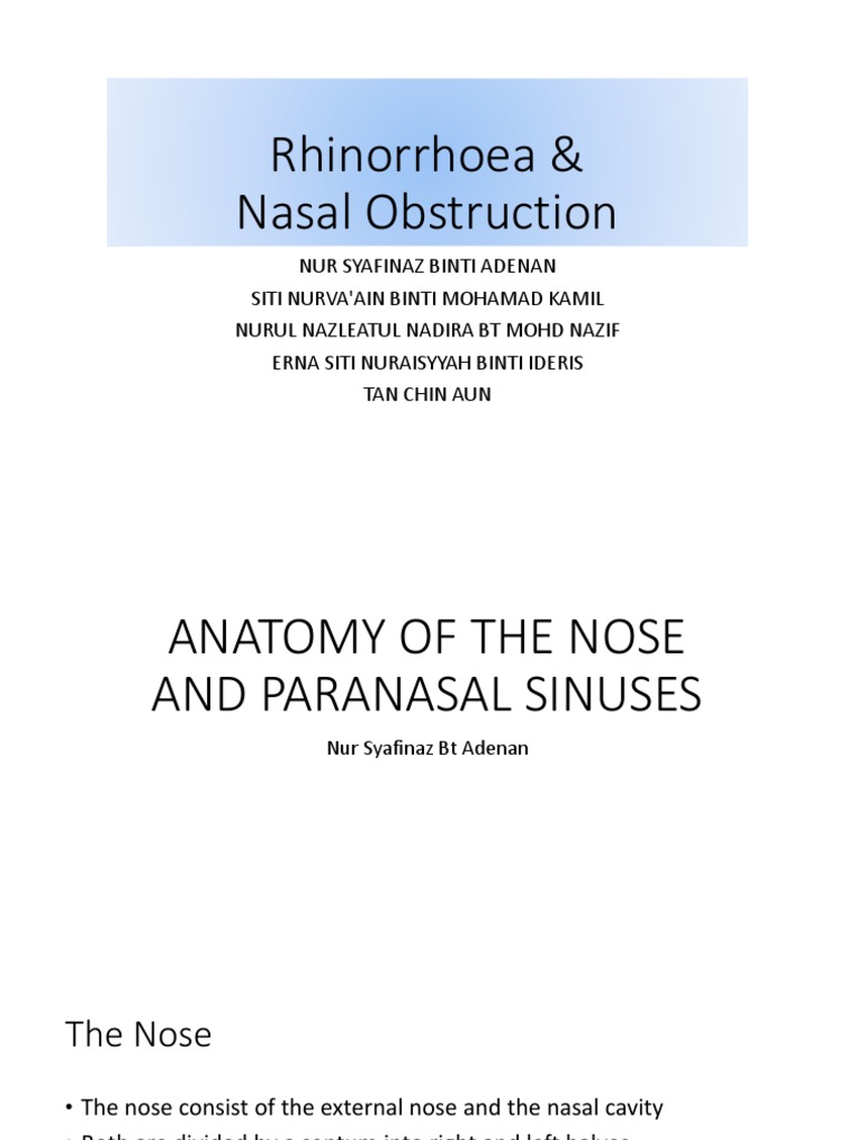 Seminar 1 Rhinorrhoea Nasal Airway Obstruction | PDF | Mucus | Human ...