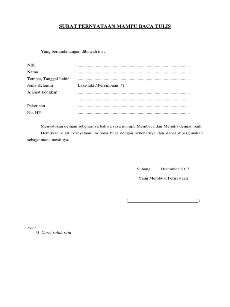 Surat Pernyataan Baca Tulis