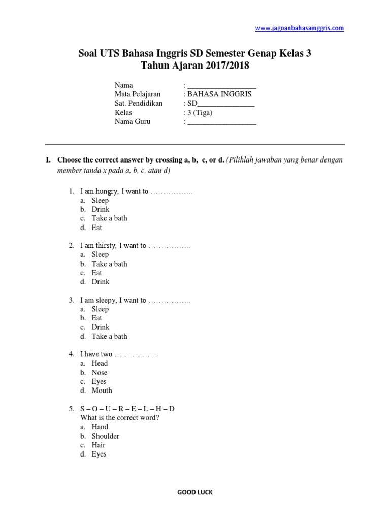 Soal Uts Bahasa Inggris Sd Semester Genap Kelas 3 Home Room