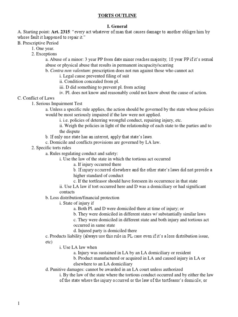 Louisiana Bar Exam TORTS Outline PDF Negligence Tort