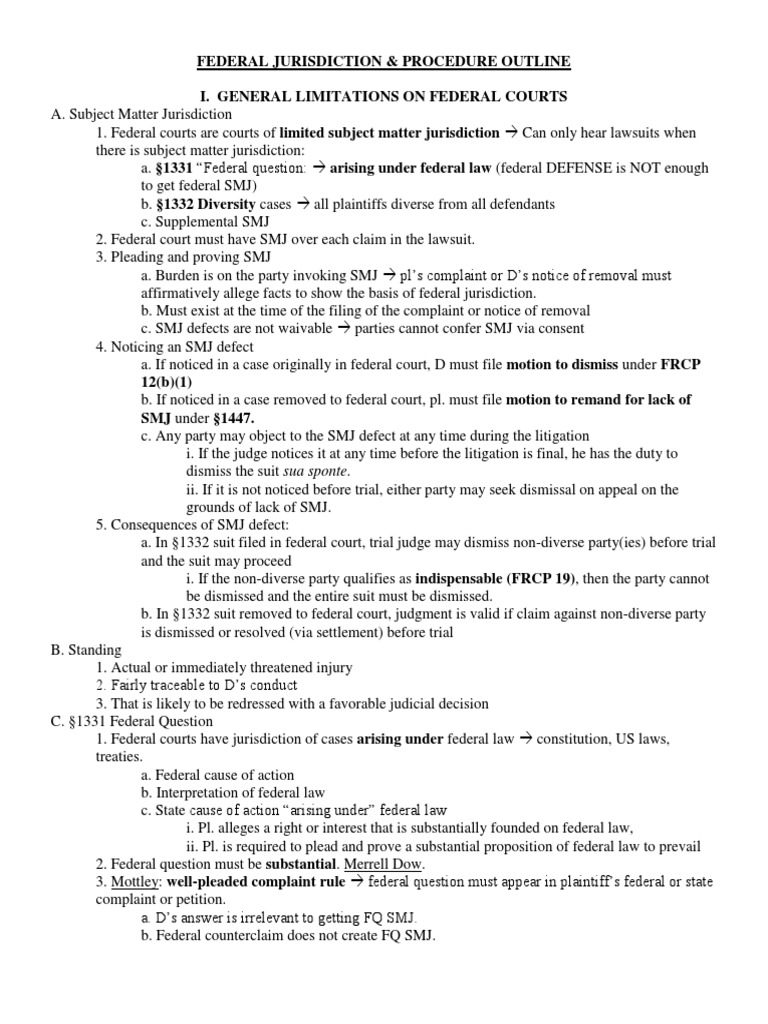 Louisiana Bar Exam Federal Jurisdiction &amp; Procedure Outline | PDF 