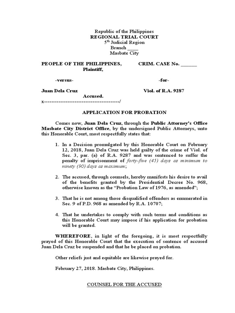 Application for Probation in the Philippines | PDF | Probation | Prosecutor
