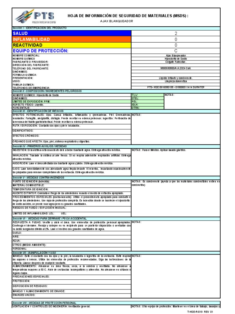 MSDS Ajax PDF Toxicidad Quemar