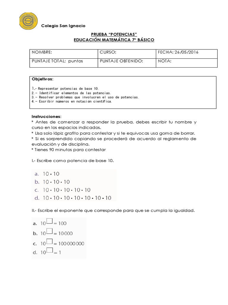 Evaluacion 7 Potencias Pdf Exponenciación Enseñanza De Matemática