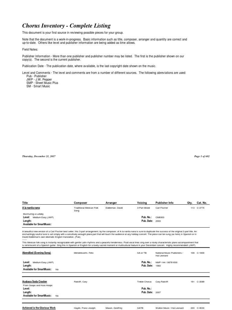 Inventory Choral All Info By Title Choir Singing - 