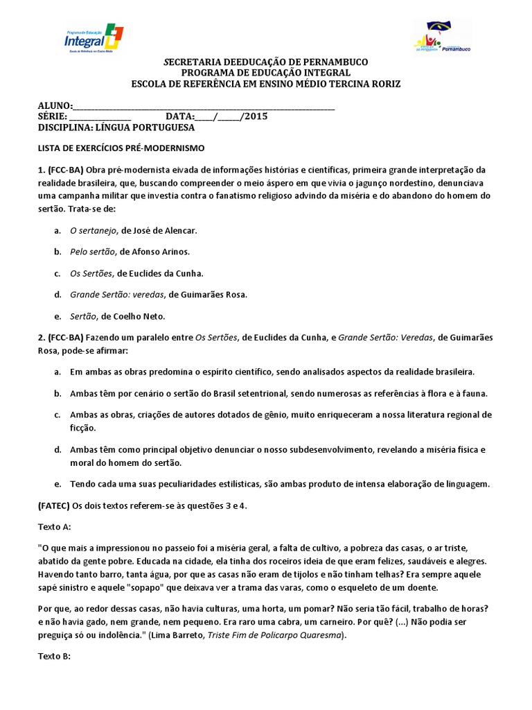 Exercício Sobre O Pré Modernismo No Brasil