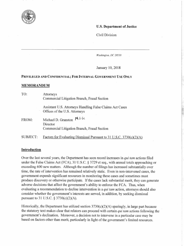 Leaked Confidential DOJ Memo For Evaluating Dismissal of False Claims ...