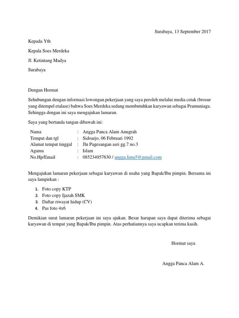 Surat Lamaran Kerja Soes Merdeka