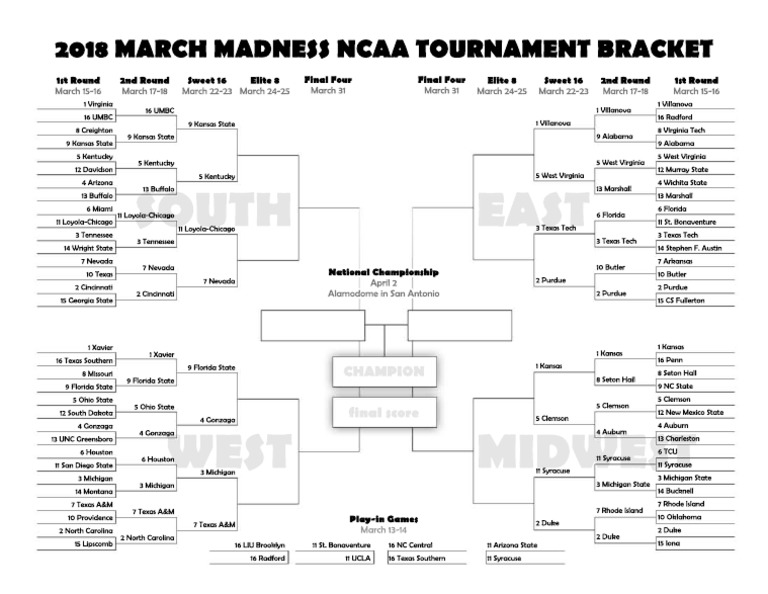 2018 NCAA Tournament SecondChance Printable Bracket PDF
