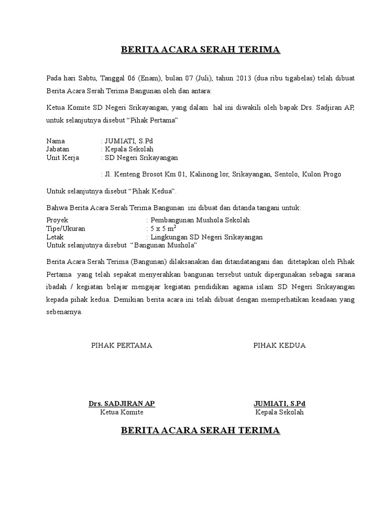 Berita Acara Serah Terima Mushola