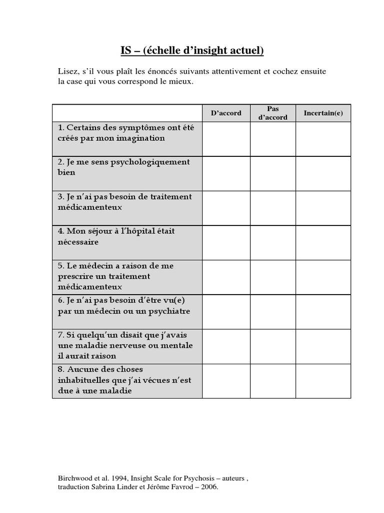Échelle d'Insight pour Psychose | PDF | Trouble mental | Psychologie