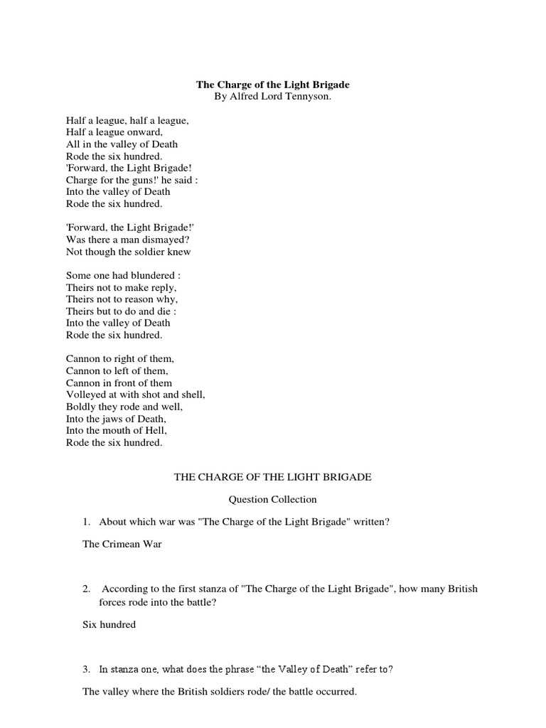The Charge Of The Light Brigade A Set Of Questions And Answers Teacher S Ver Pdf Warfare Military