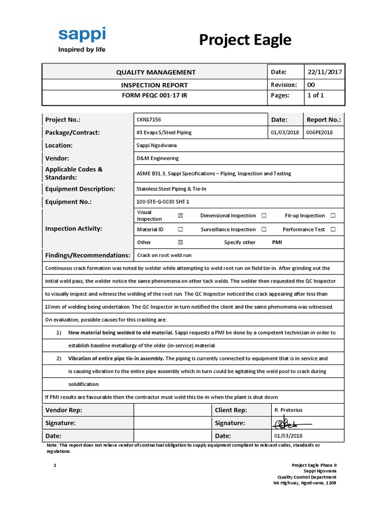 Project Eagle: Quality Management Inspection Report | PDF | Welding ...