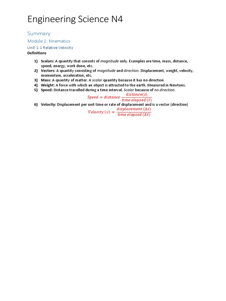 Engineering Science N4 Summary Notes Velocity Mechanics