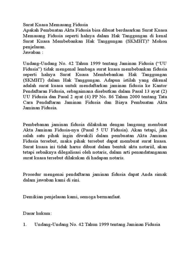18+ Contoh Surat Kuasa Pembebanan Jaminan Fidusia