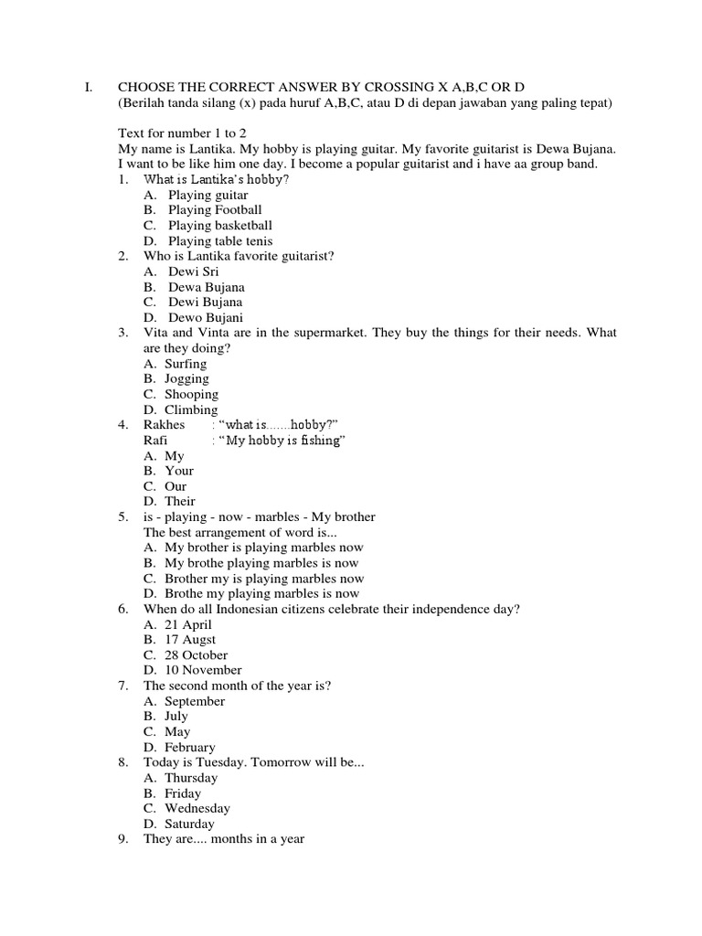 Choose The Correct Answer By Crossing X A Leisure