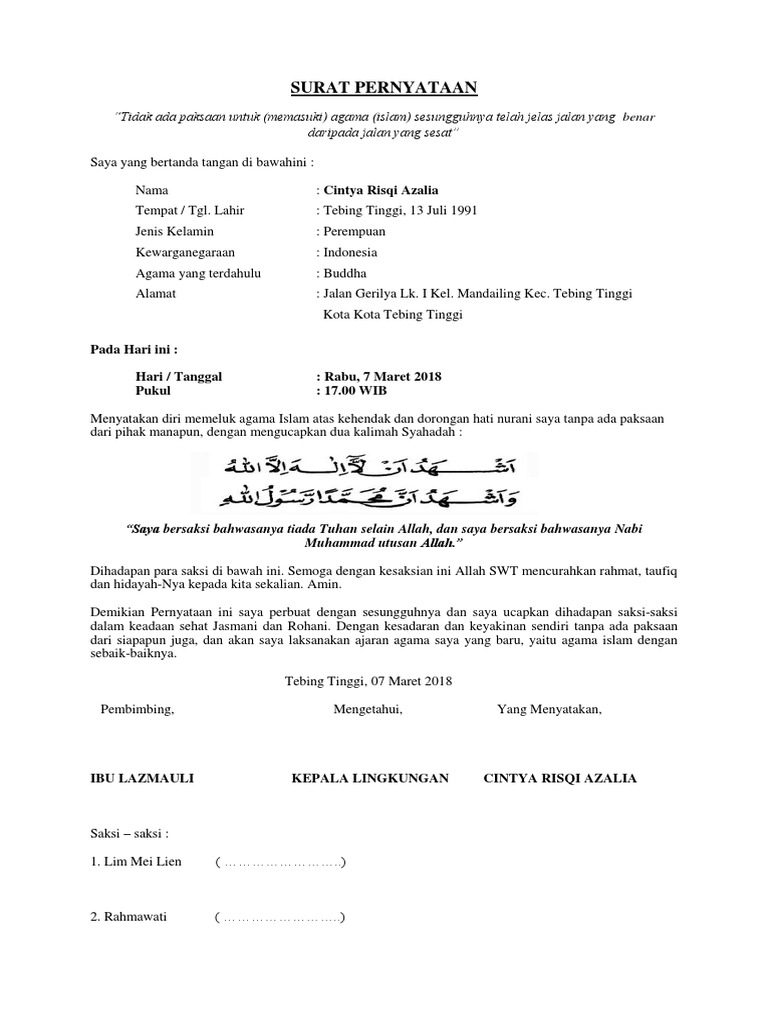 Contoh Surat Pernyataan Masuk Islam Dari Agama Kristen