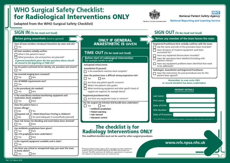 1121 Radiology Surgery Checklist A4 Radiology Surgery