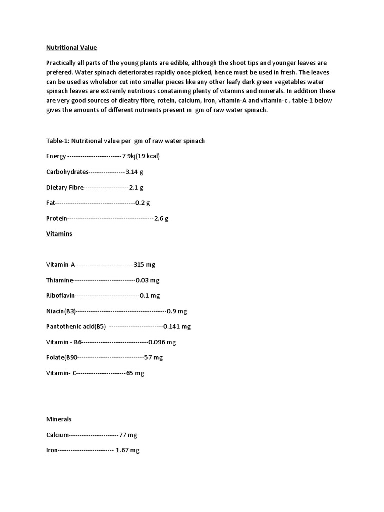 Water Spinach PDF Spinach Diet & Nutrition
