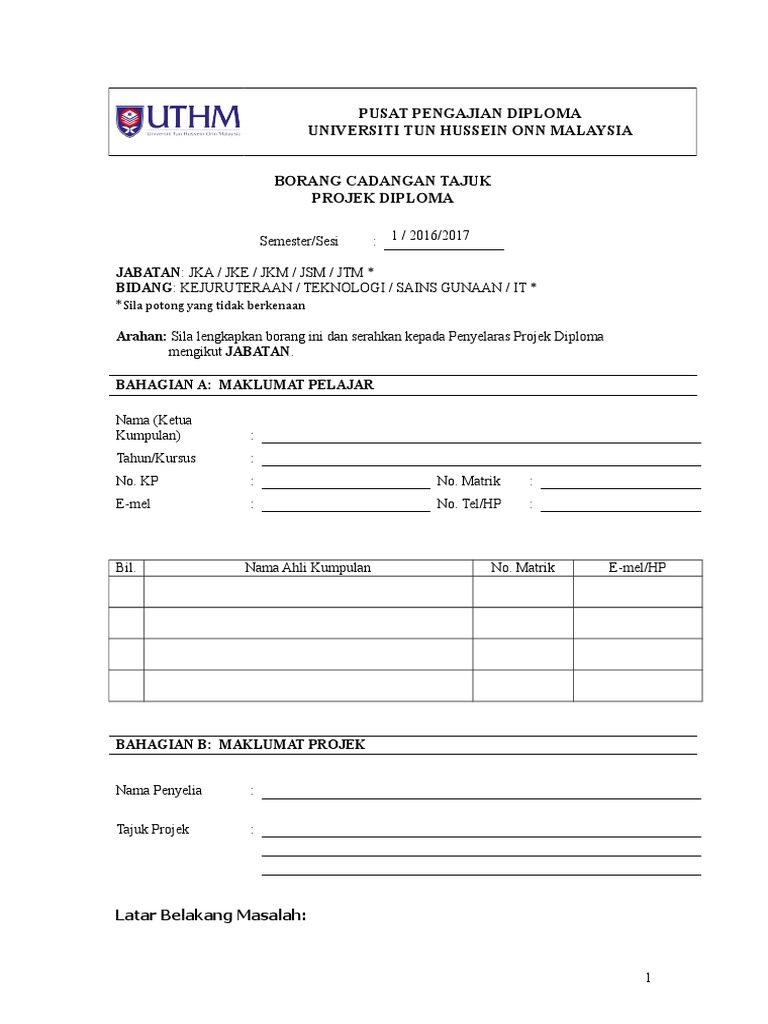 Borang Cadangan Tajuk Projek Diploma | PDF