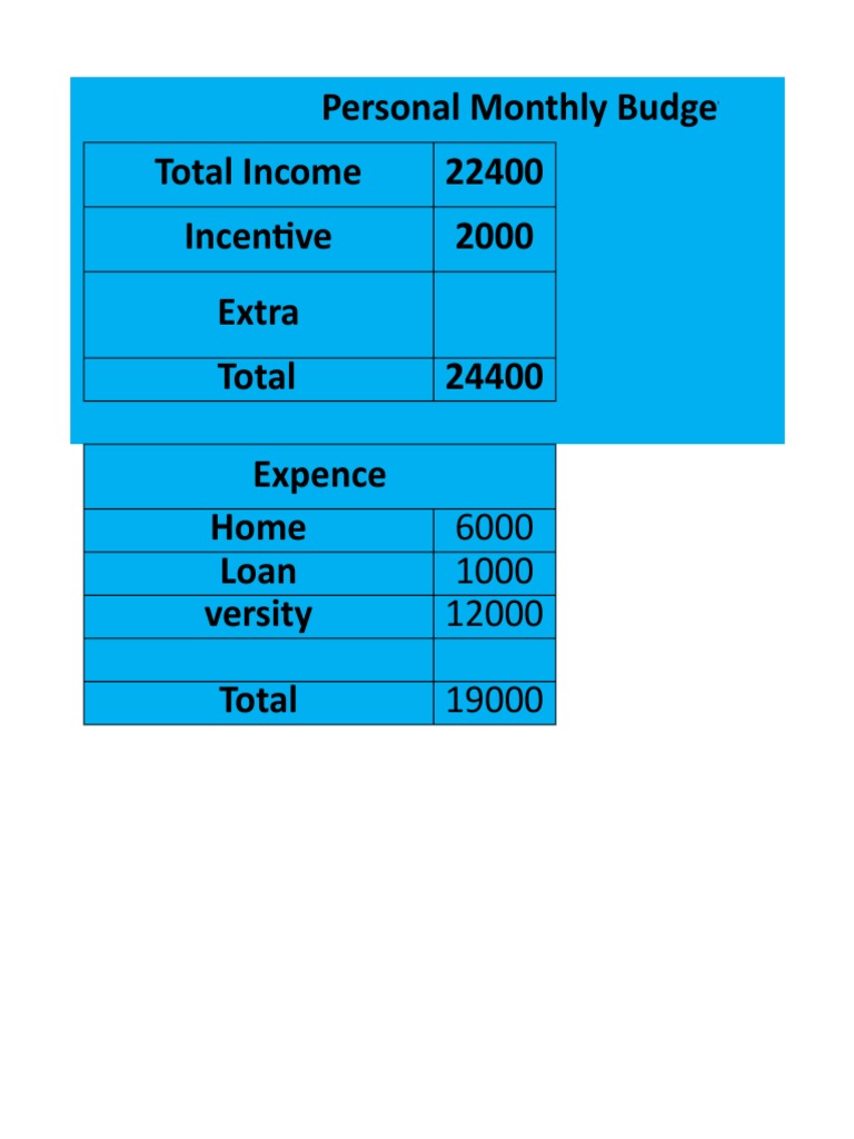 Personal Monthly Budget Total Income 22400 Incentive 2000 Extra 24400 ...