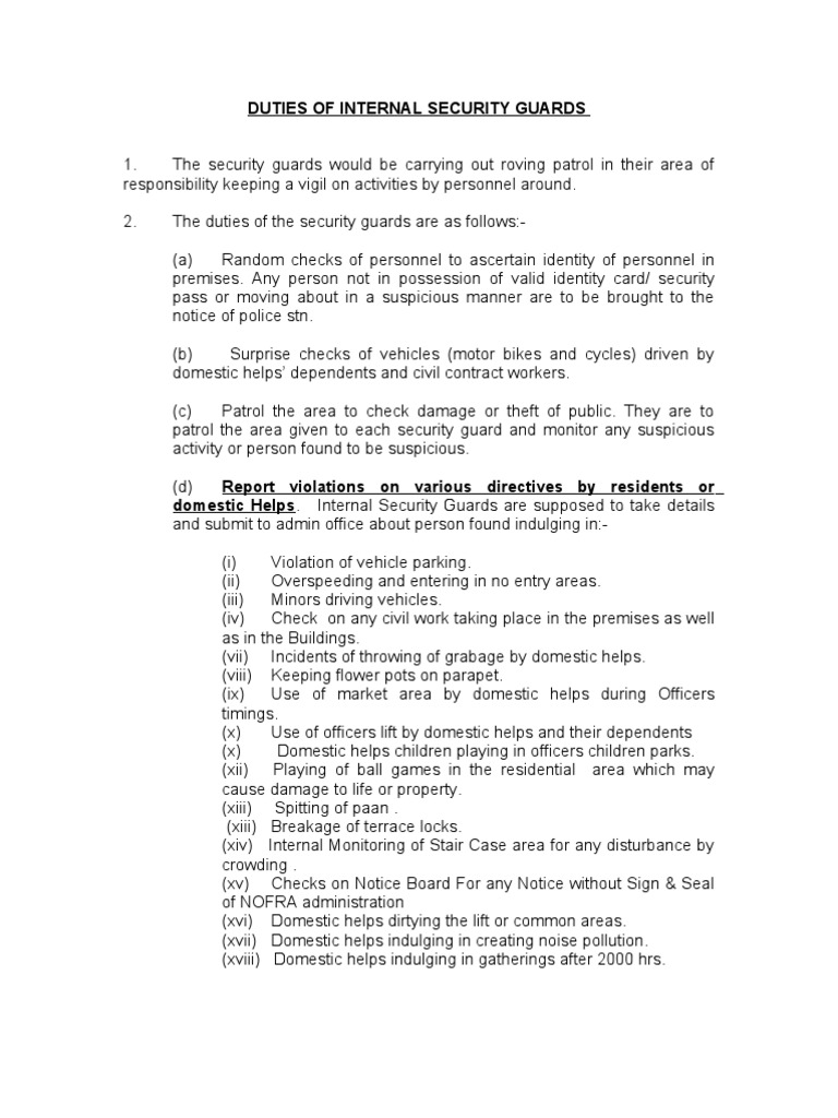 Duties of Internal Security Guards Security Guard Government