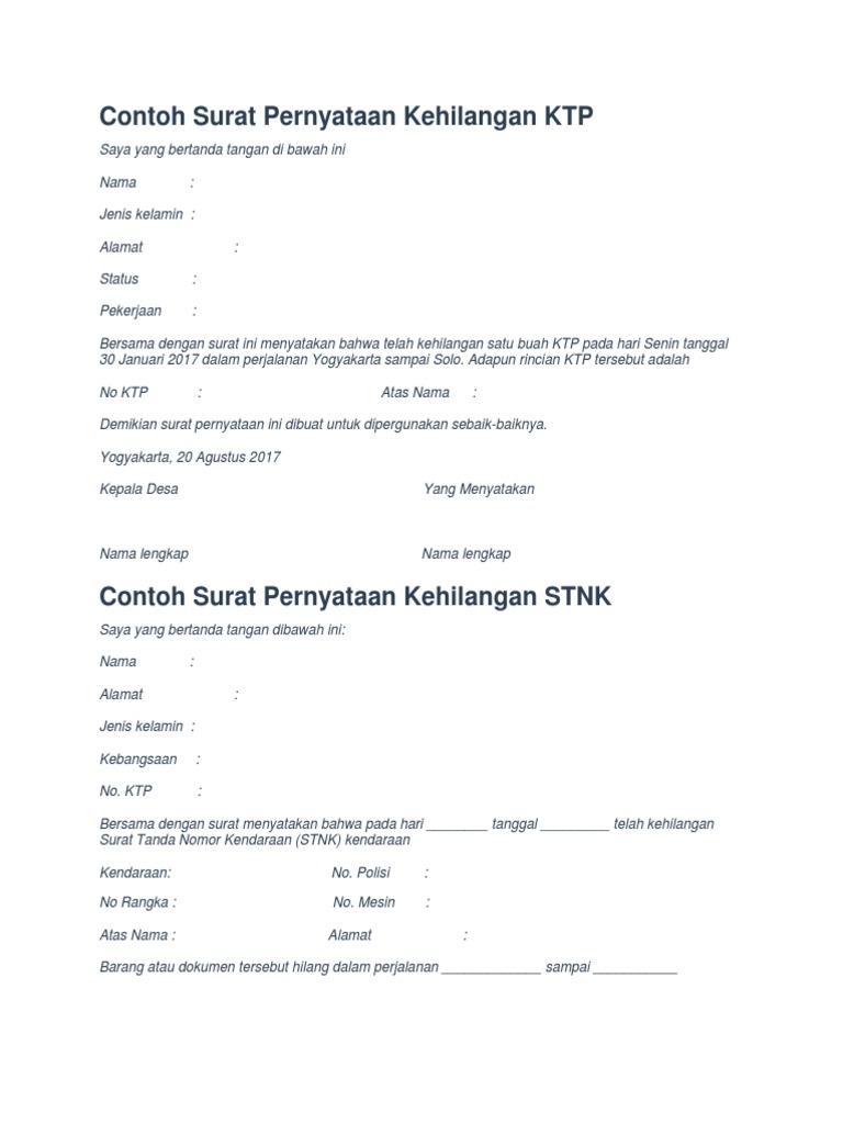 Contoh Surat Pernyataan Bpkb Hilang