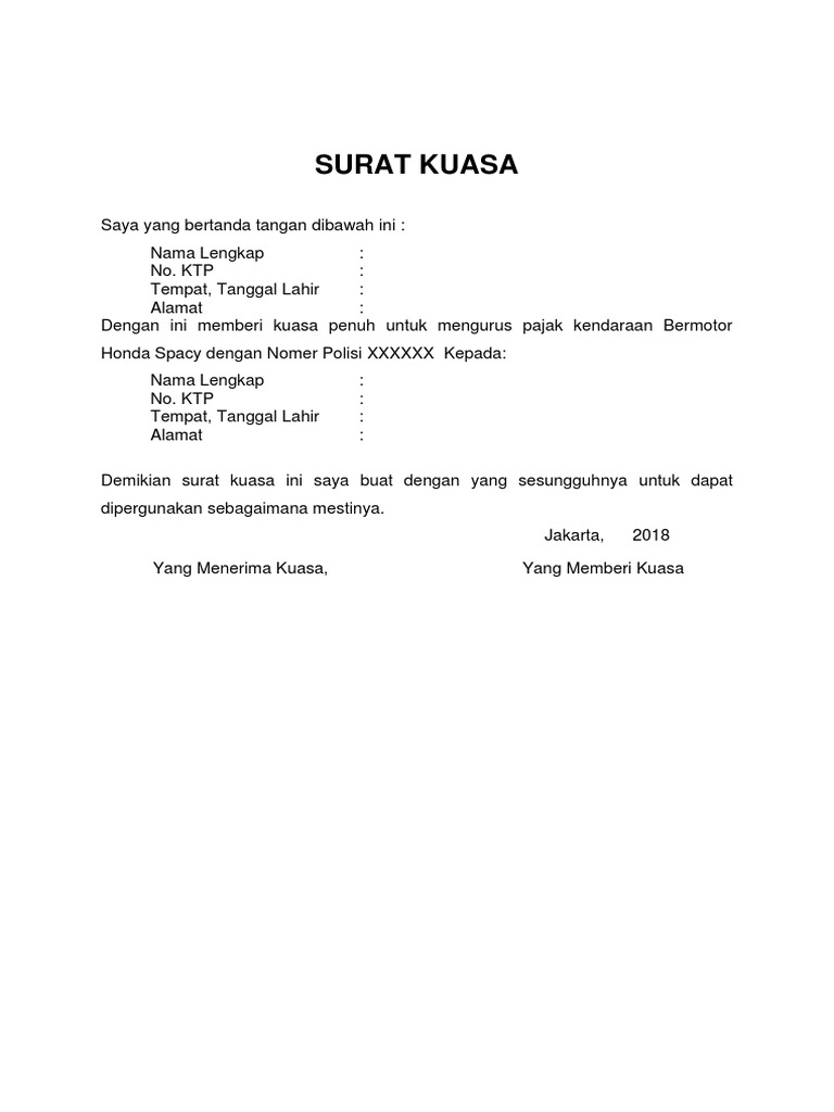 Contoh Surat Kuasa Mutasi Kendaraan Motor