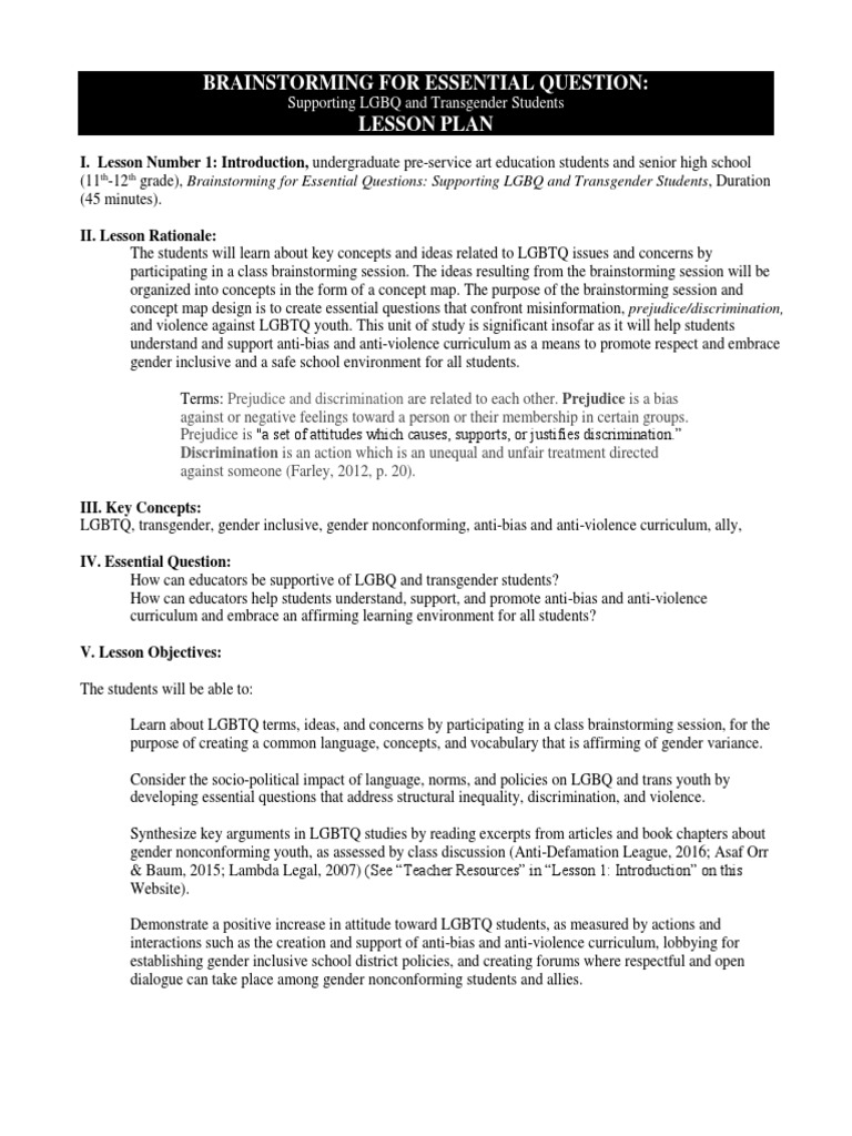 Brainstorming For Essential Question: Lesson Plan | PDF | Lgbt ...