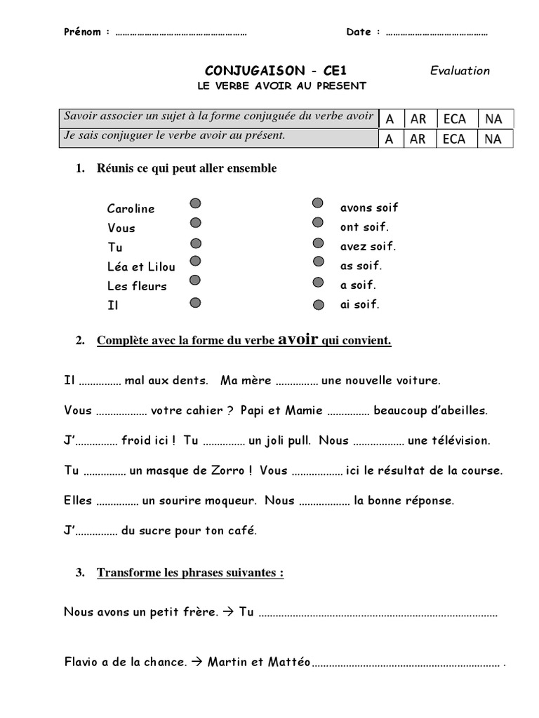 Exercices Verbe Etre Et Avoir Ce1 Eval Avoir Present CE1 MA | PDF