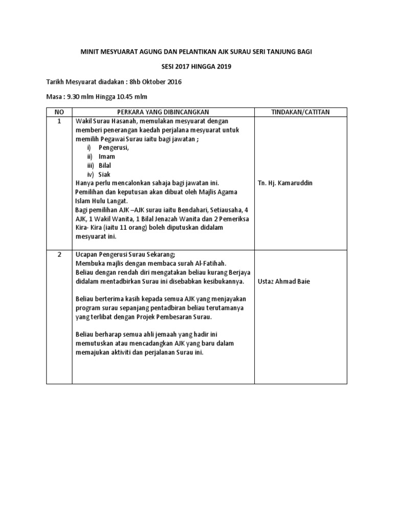 Minit Mesyuarat Agung Dan Pelantikan Ajk Surau Seri Tanjung Bagi Pdf