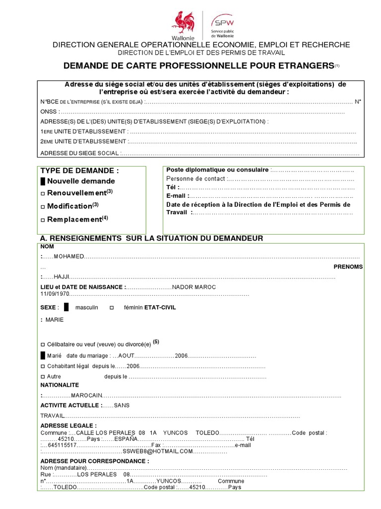 Formulaire de Demande de Carte Professionnelle Via Le Poste ...