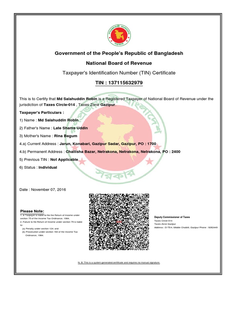 TIN Certificate for Md Salahuddin Robin | PDF