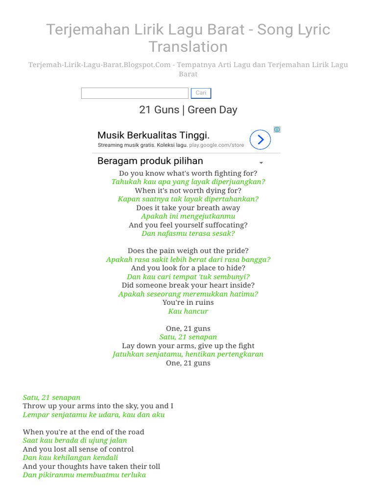 21 Guns _ Green Day _ Terjemahan Lirik Lagu Barat - Song Lyric Translation
