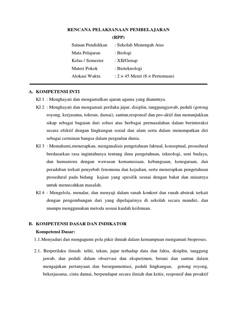 Rpp Bioteknologi Kelas Xii