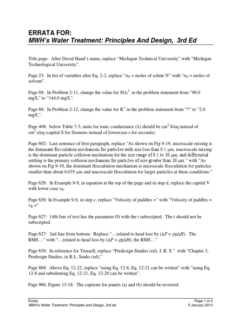 Corrections and Updates to MWH's Water Treatment Principles and Design
