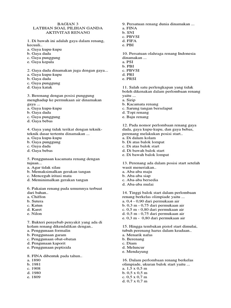 Soal Pilihan Ganda Bab Renang Gaya Bebas