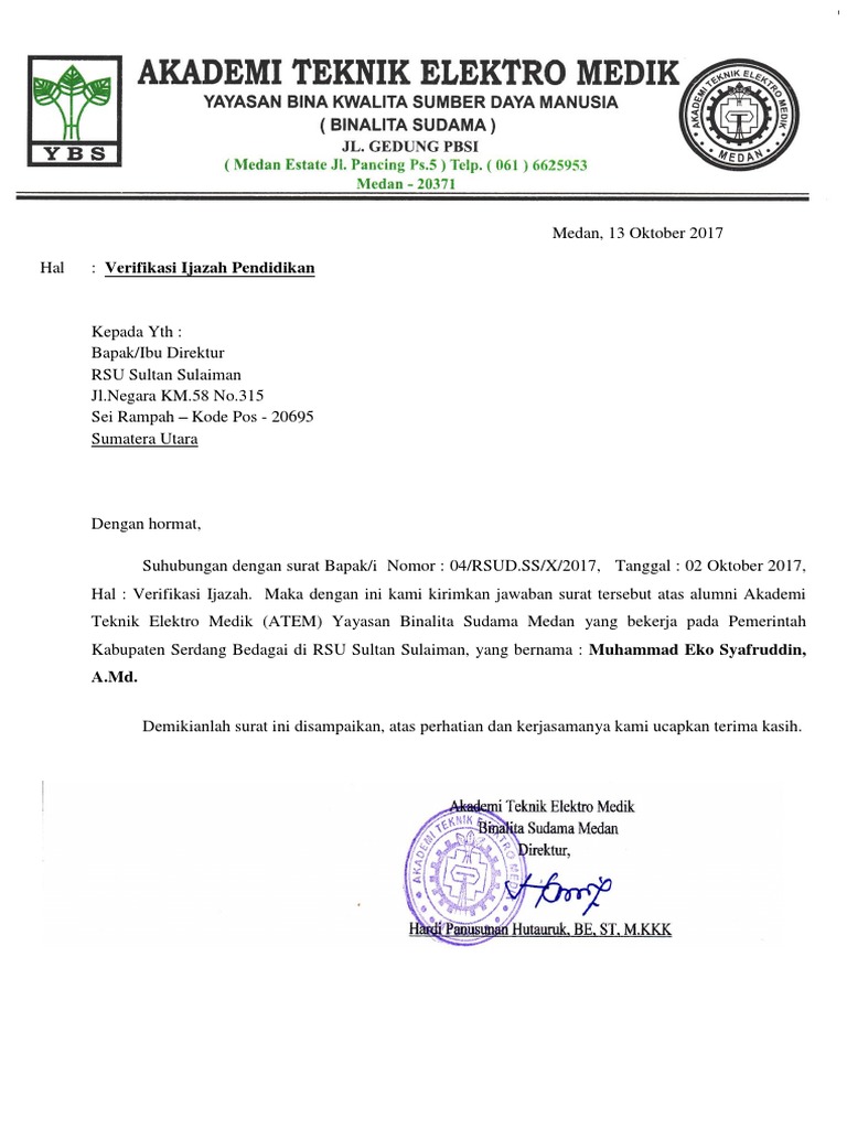 Contoh Surat Balasan Verifikasi Ijazah