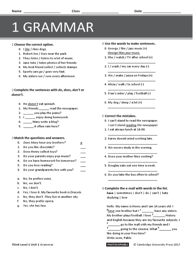 Think L1 Unit 1 Grammar