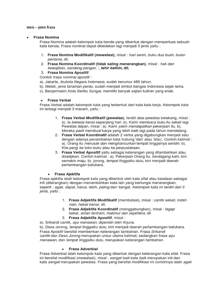 Contoh Frasa Verba Modifikatif Koordinatif Dan Apositif 