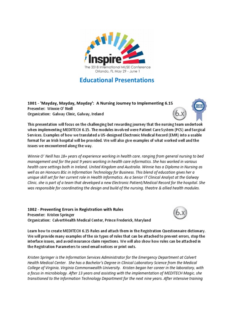 2018 MUSE Inspire Conference - Educational Presentations | Electronic  Health Record | Health Informatics