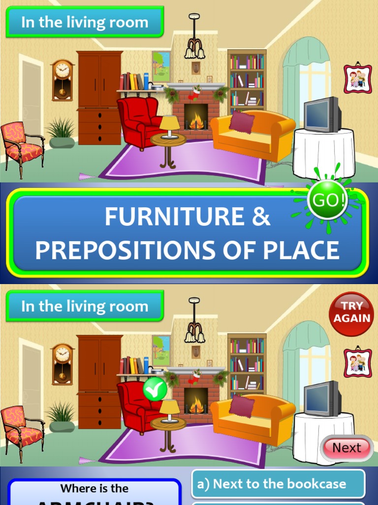In The Living Room Furniture Prepositions of Place CLT Communicative Language Teaching Resources