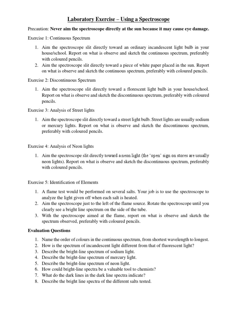 Laboratory Exercise - Using A Spectroscope: Evaluation Questions | PDF